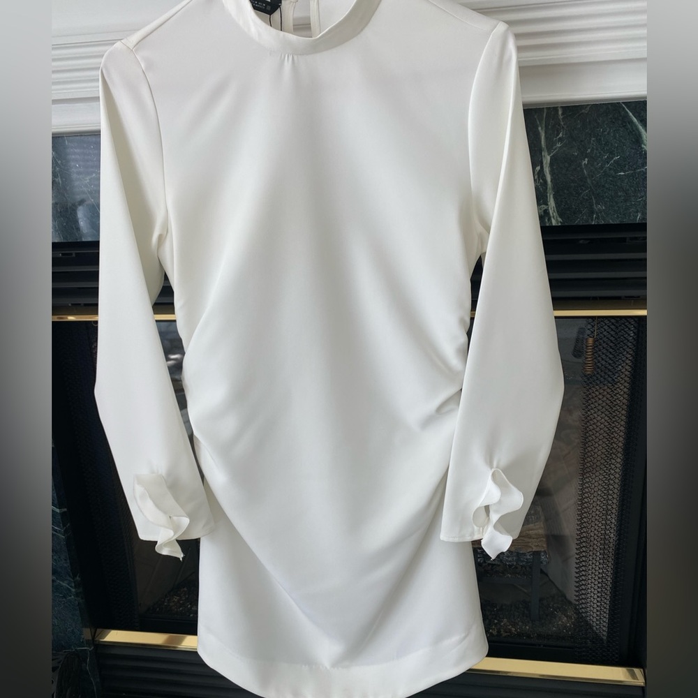 ZARA Creamy White Floral Accent Long Sleeve Ruched Side Mock Neck Dress